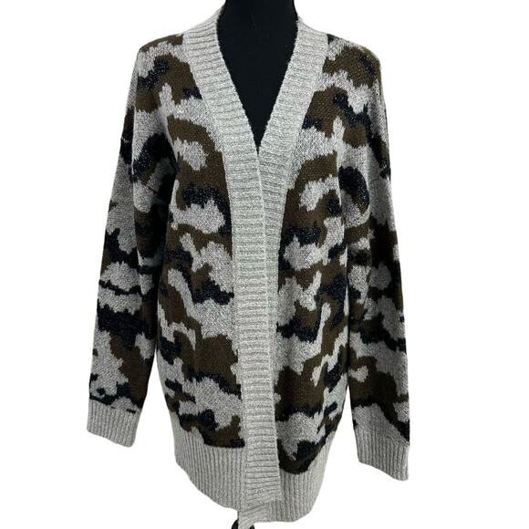 Cotton Patch Grey Green Camo Print Cardigan Sweater Medium - Picture 1 of 4